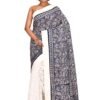 Hand Embroidered Kantha Silk Saree, Blue and White, Half Tussar Half Resham Dhakai, For Party, Festival, Wedding, Celebration