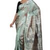 Bengal Looms India-Handwoven Minakari Baluchari Pure Silk Saree in Nebula Green with Brownish Tinge, Dark Blue and Matte White With Blouse Piece