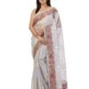 KAVVYA GRAY SOFT & LIGHT WEIGHT KORA ORGANZA SILK SAREE WITH MULTICOLOR RESHAM EMBROIDERED BORDER,BODY BIRD FIGURE MOTIF IN WHITE RESHAM,THIN SCALAP ALL AROUND THE SAREE